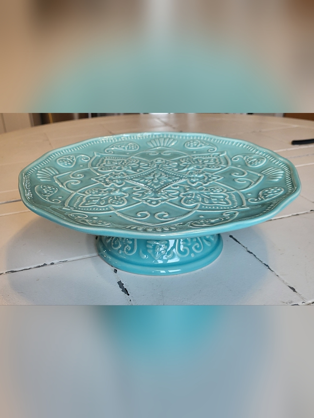 Farval Portugal Pedestal Cake Stand Turquoise Embossed Floral Paisley 11"